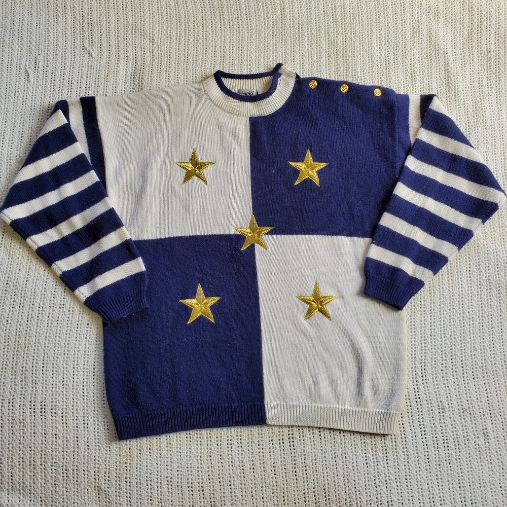Vintage Lucia Women’s XL Blue White Nautical Embroidered Long Sleeve Sweater